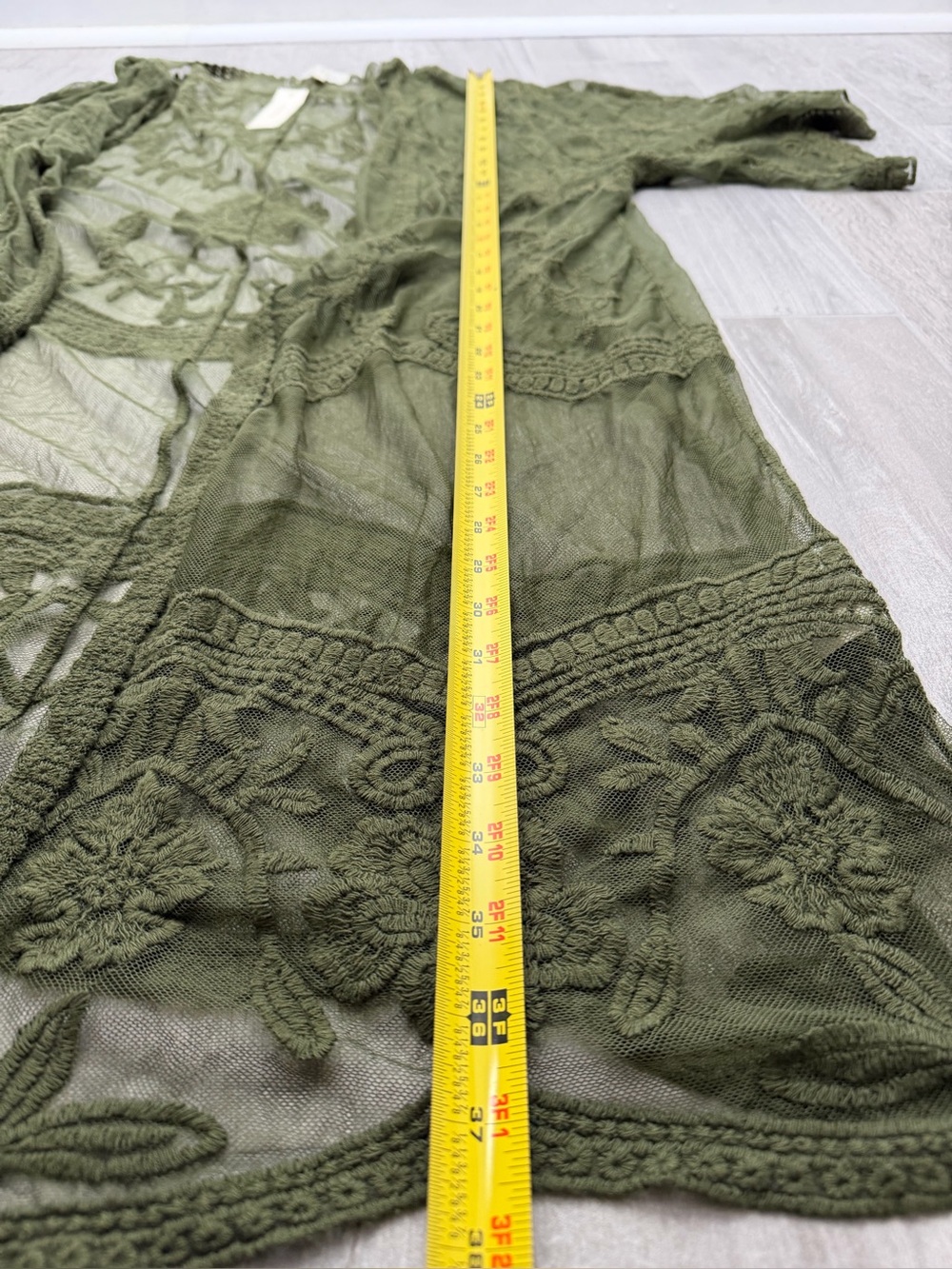 NWT Adiva Olive Green Sheer Embroidered floral Lace Kimono open-front Sz Large - Picture 10 of 11